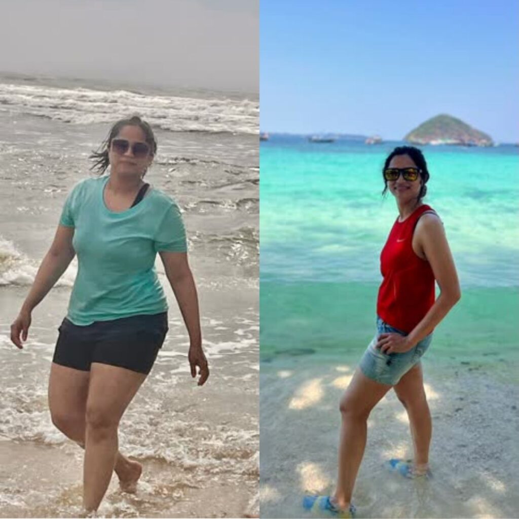 Before and after comparison of Dr. Sharvari Pandit's 20 kg weight-loss journey — from 78 kg to 56 kg