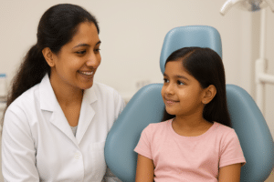 Dentist smiling at a young girl during a dental consultation at a clinic