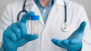 An oral surgeon holding a knocked-out tooth preserved in a small container for emergency dental trauma treatment.