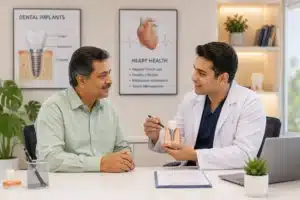 Cardiac patient consulting with a dentist about dental implants and treatment planning before implant surgery.