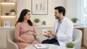 Pregnant woman consulting with a dentist about tooth extraction and dental care during pregnancy in a modern dental clinic.