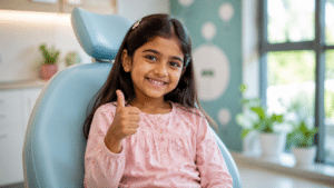 Happy young Indian girl giving a thumbs-up in a dental chair at a child's orthodontic check-up