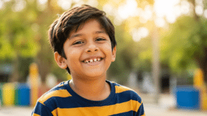 Smiling young Indian boy with a gap in his front teeth during the mixed-dentition age when jaw expansion is often assessed