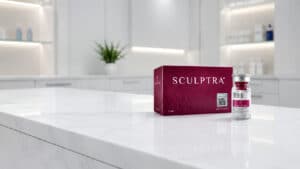 Sculptra collagen biostimulator box and vial on a clinic counter at Pandit Clinic, Pune