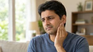 Man experiencing jaw pain at home — TMJ disorder, Pandit Clinic, Pune